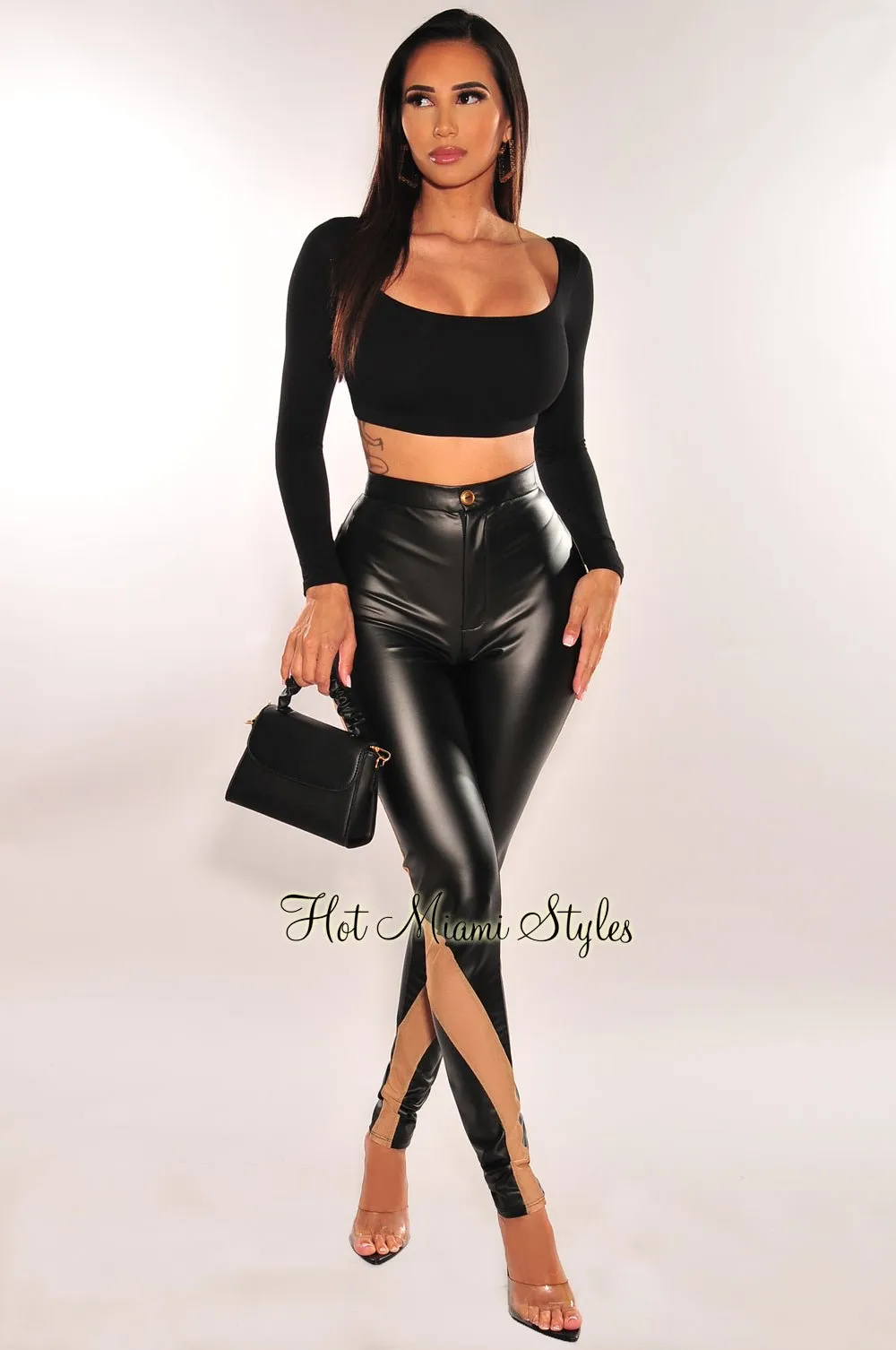 Black Faux Leather Mesh Nude Illusion Cut Out Pants