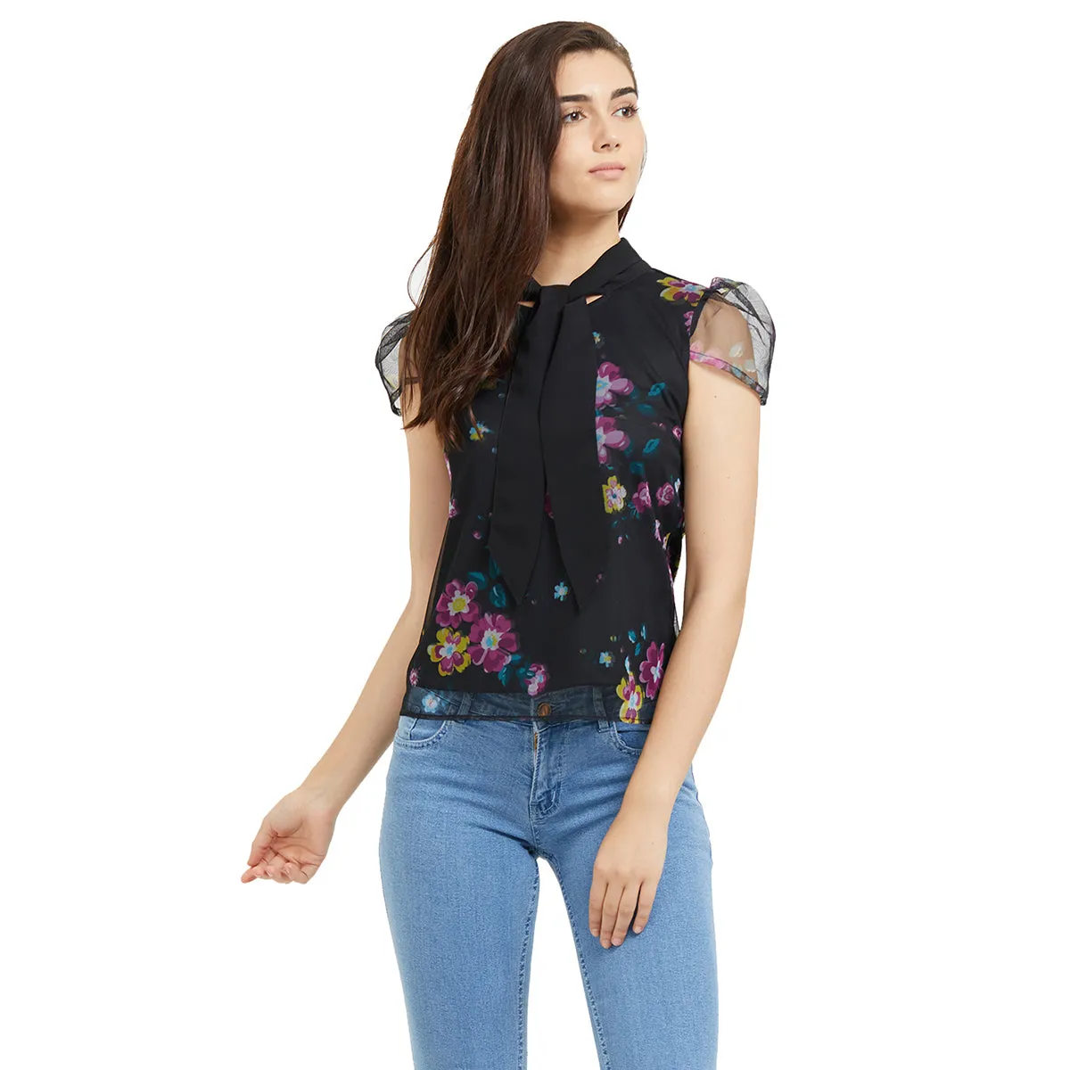 Black Floral Top with Tie-up Neck