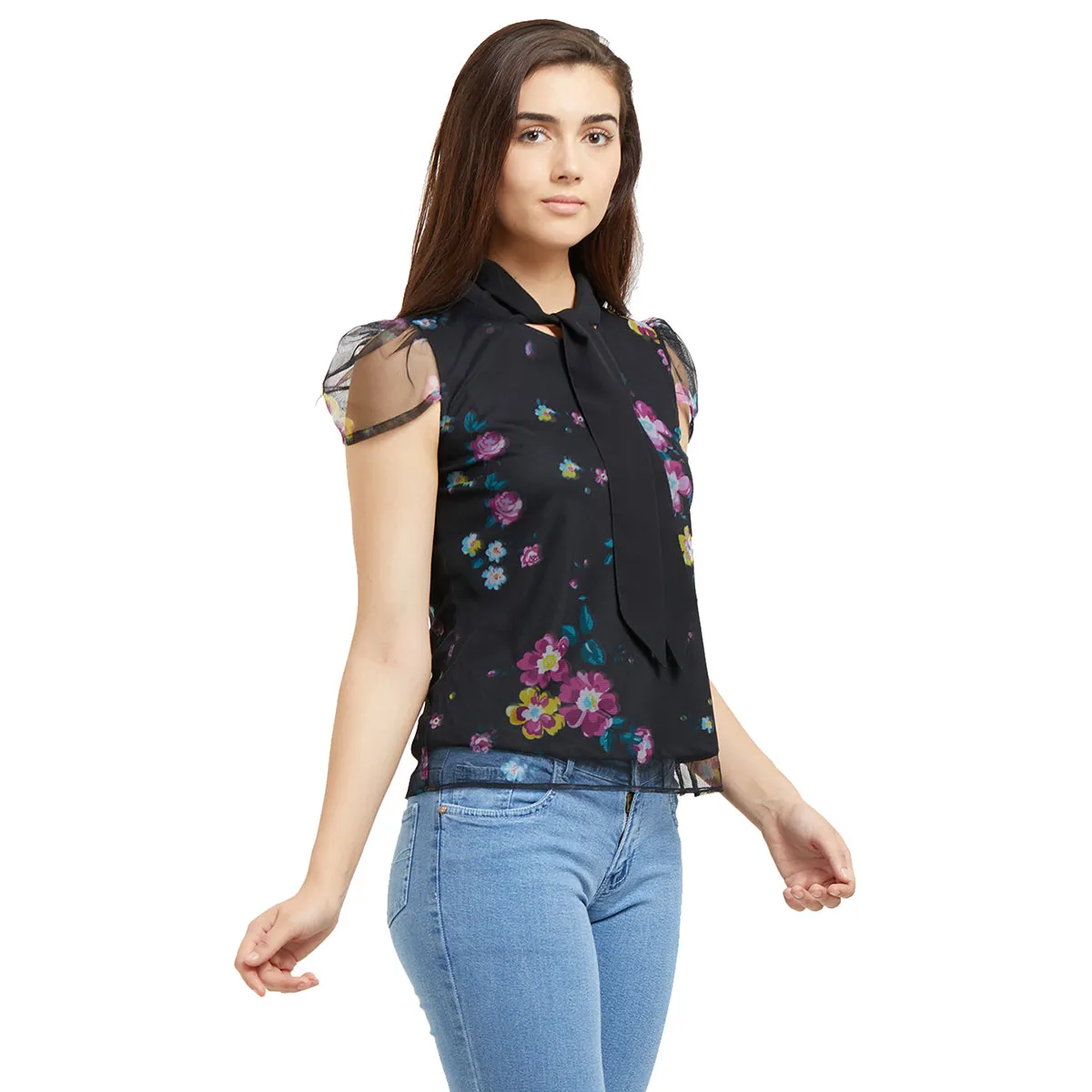 Black Floral Top with Tie-up Neck