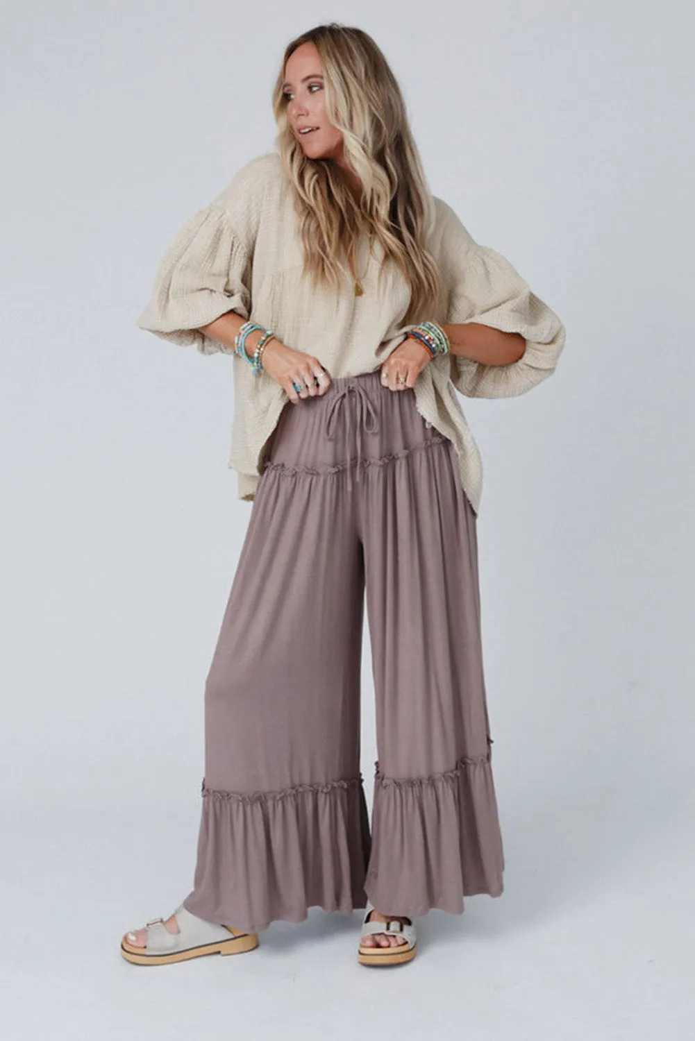 Black Frilled Drawstring High Waist Wide Leg Pants