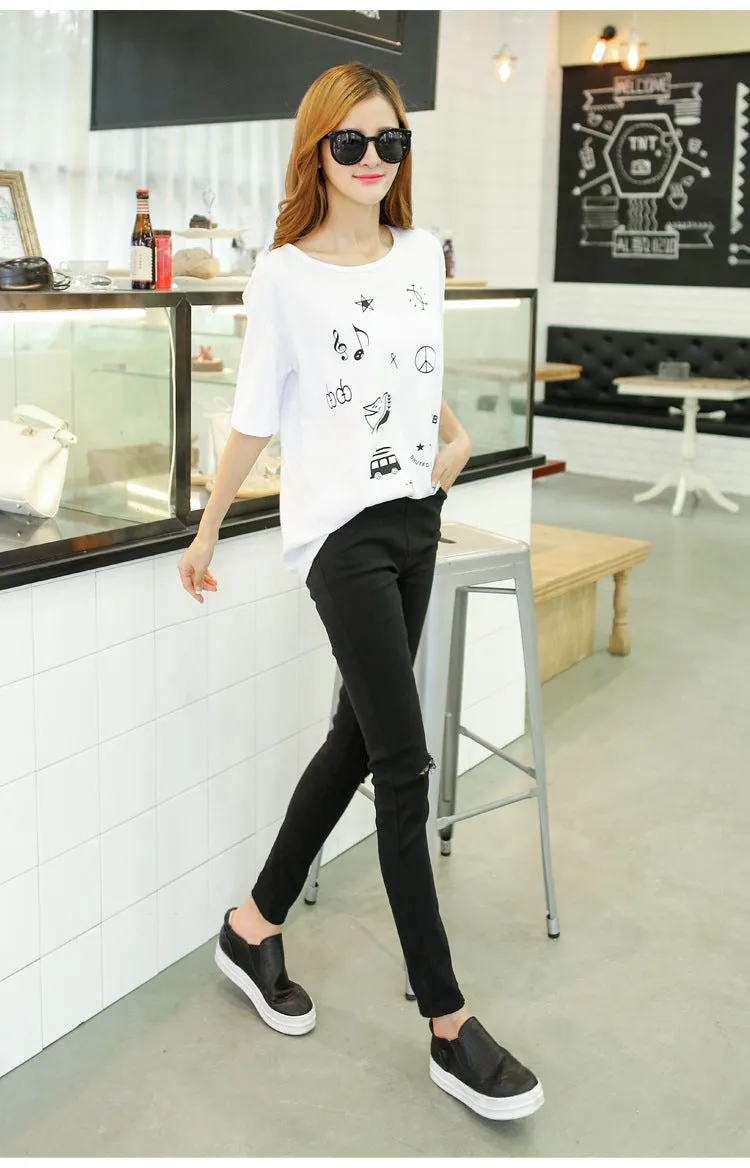 Black Knee Ripped Denim Pants Women Ankle-Length Pants High Waist Slim-Fit Fitted Pencil Korean Pants