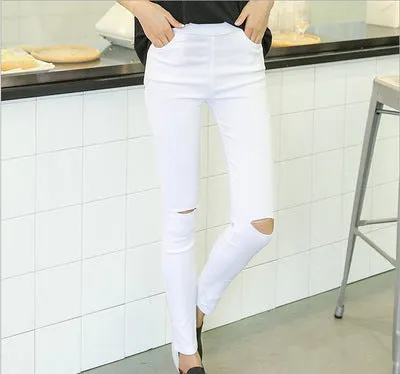 Black Knee Ripped Denim Pants Women Ankle-Length Pants High Waist Slim-Fit Fitted Pencil Korean Pants