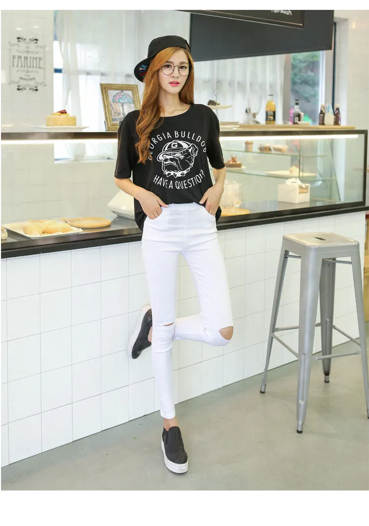 Black Knee Ripped Denim Pants Women Ankle-Length Pants High Waist Slim-Fit Fitted Pencil Korean Pants