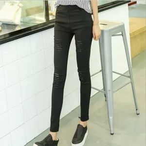 Black Knee Ripped Denim Pants Women Ankle-Length Pants High Waist Slim-Fit Fitted Pencil Korean Pants