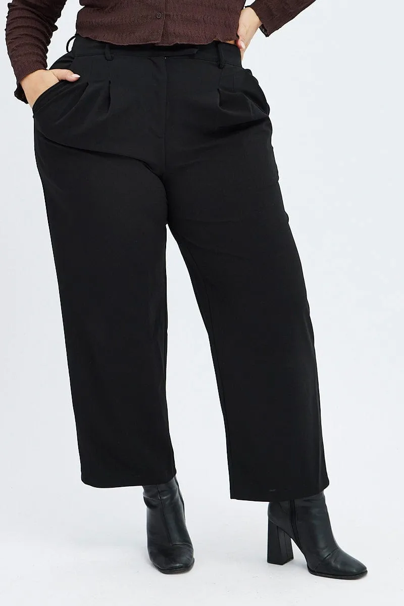 Black Tailored Pants High Waist Tab Pleat Front