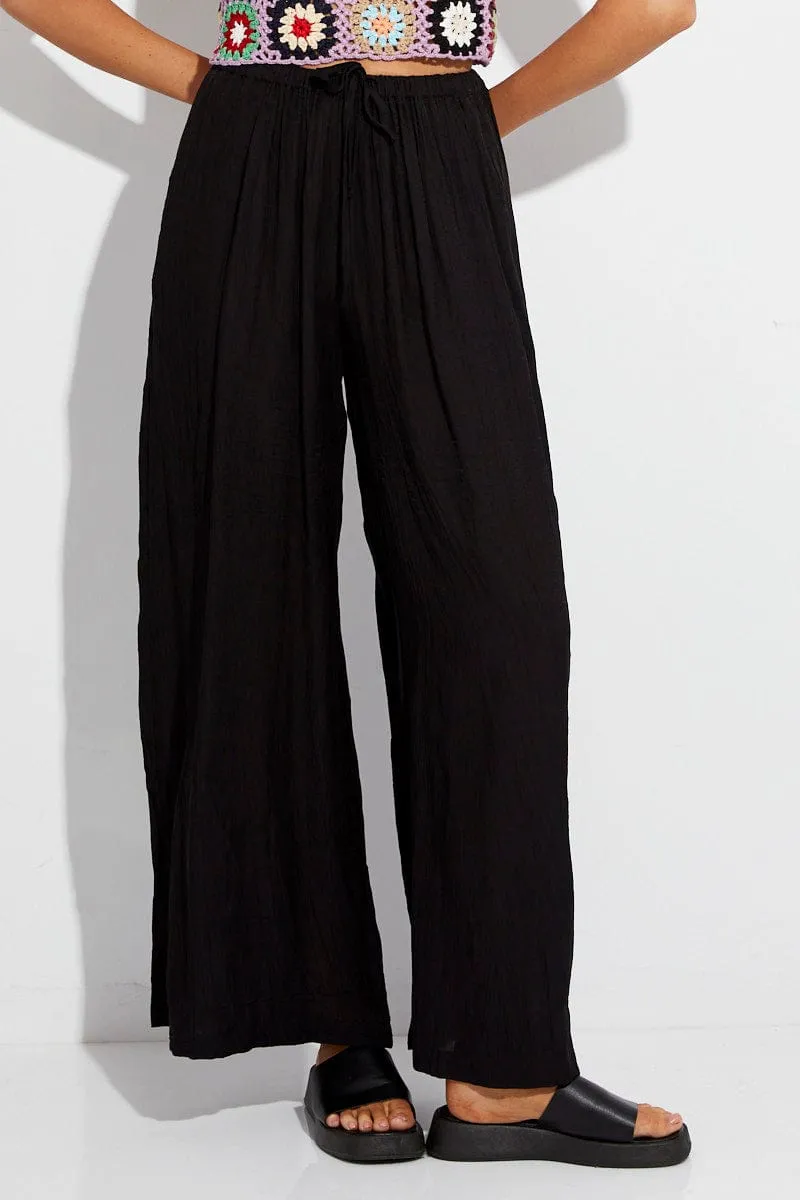 Black Wide Leg Pants High Rise Elastic Waist