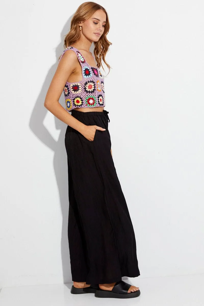 Black Wide Leg Pants High Rise Elastic Waist