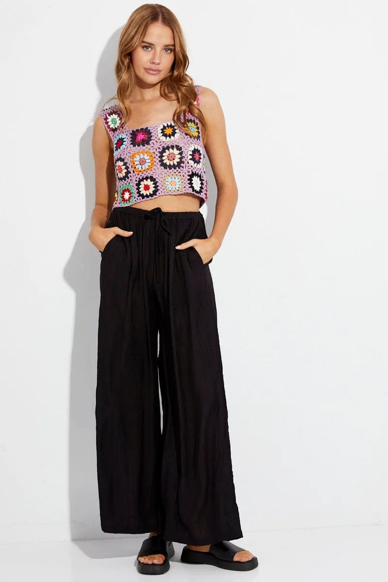 Black Wide Leg Pants High Rise Elastic Waist