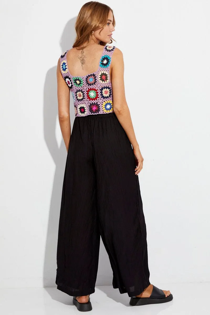 Black Wide Leg Pants High Rise Elastic Waist