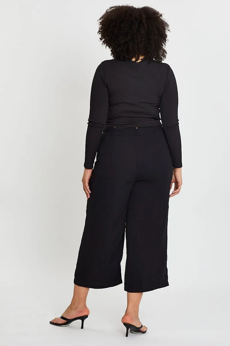 Black Wide Leg Pants High Rise Waist Tie