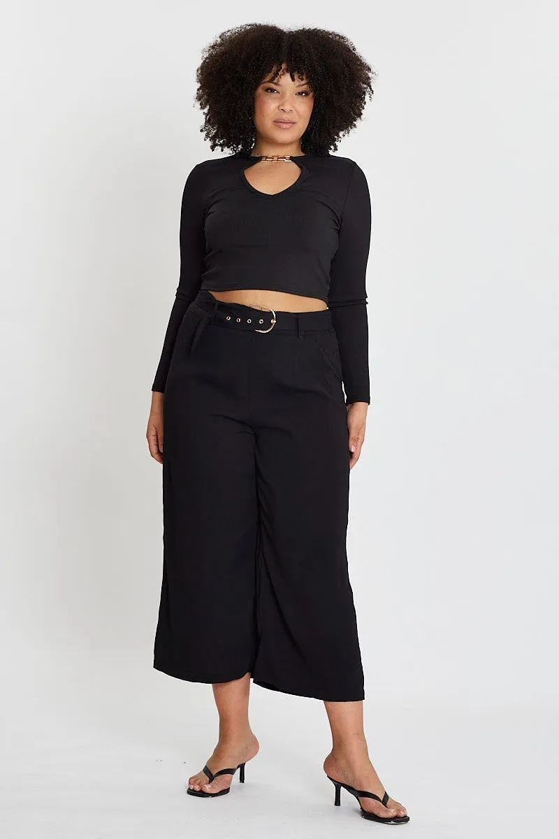 Black Wide Leg Pants High Rise Waist Tie