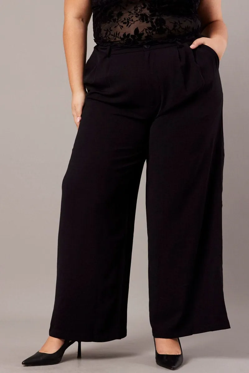 Black Wide Leg Pants High Waist Button Front