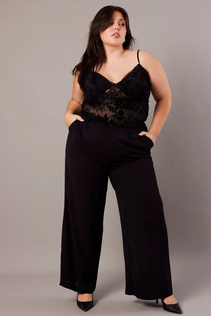 Black Wide Leg Pants High Waist Button Front