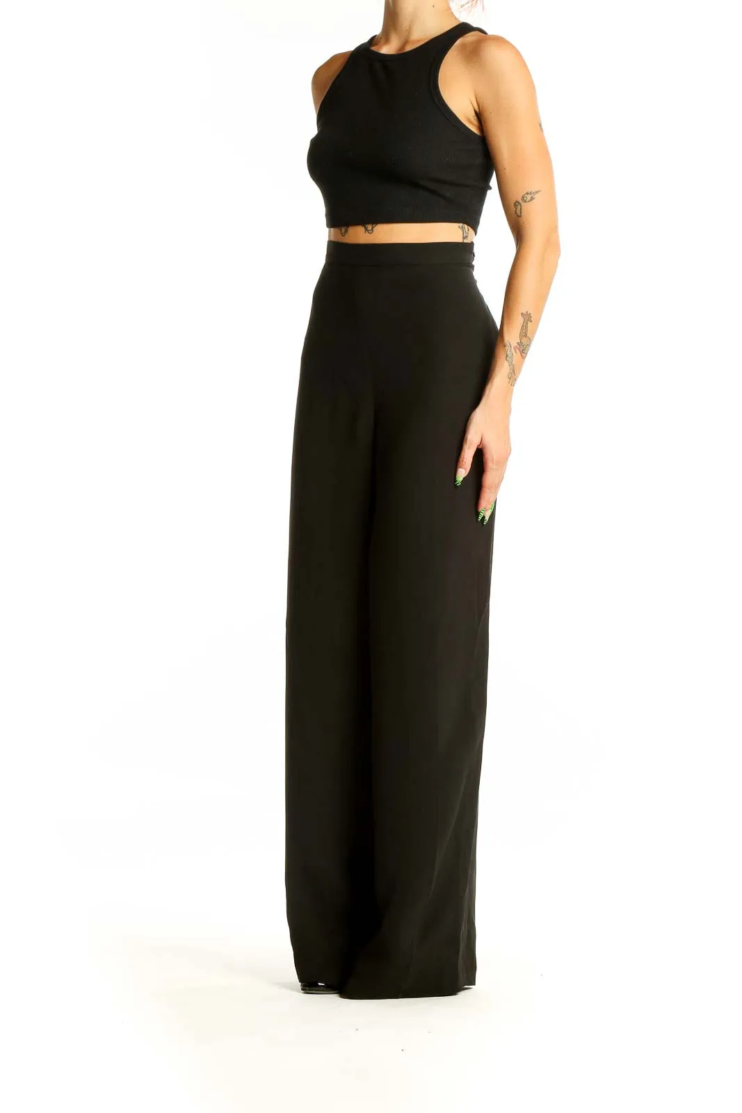 Black Wide-Leg Silk Blend Trousers