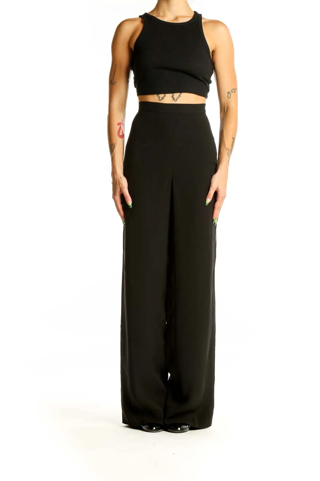 Black Wide-Leg Silk Blend Trousers