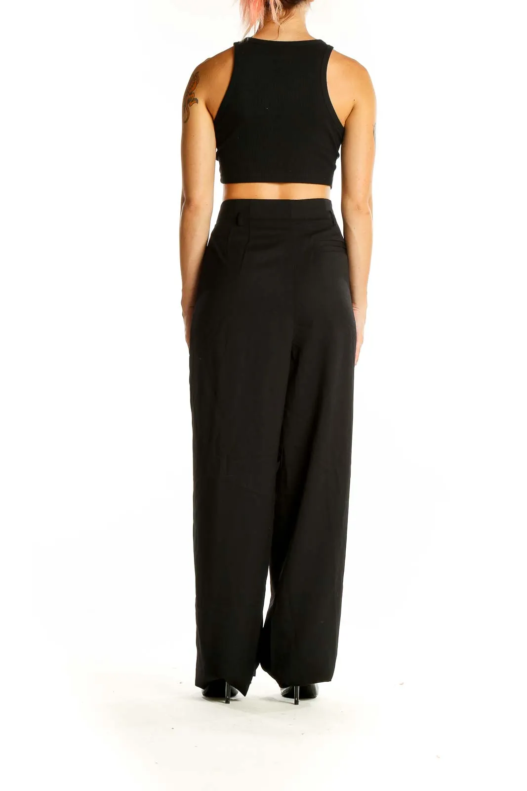 Black Wool Blend Wide-Leg Trousers