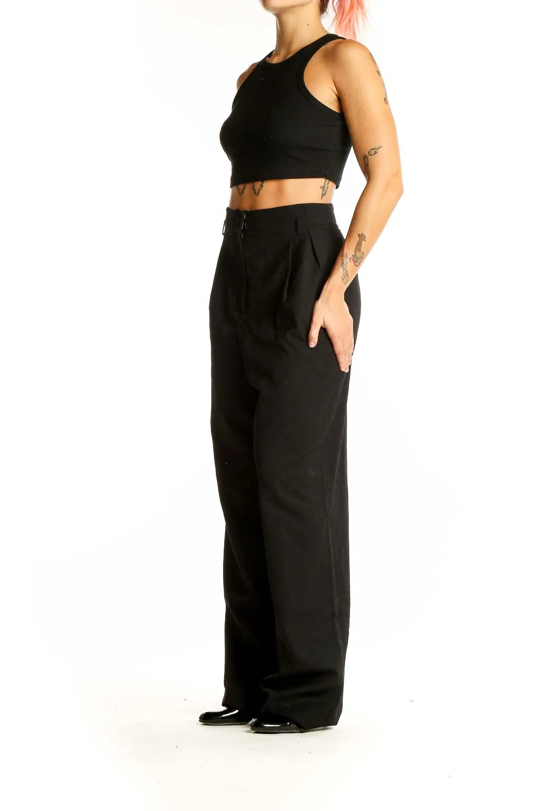 Black Wool Blend Wide-Leg Trousers