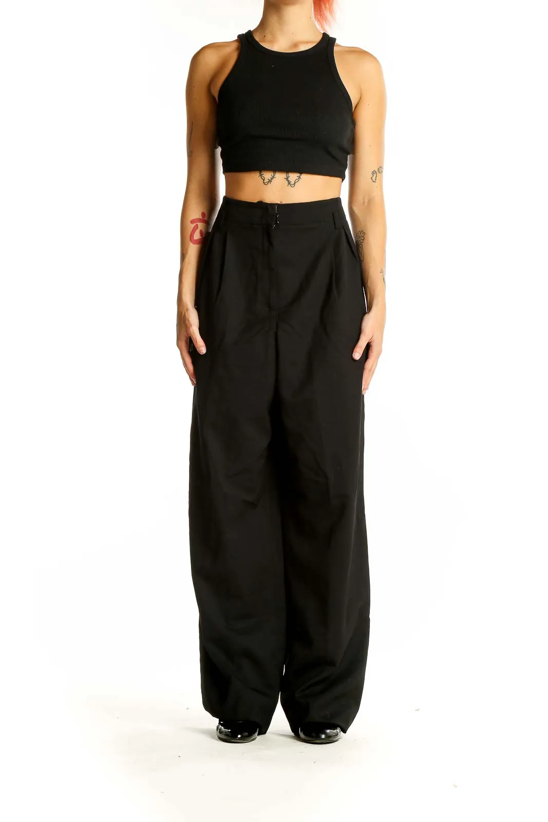 Black Wool Blend Wide-Leg Trousers