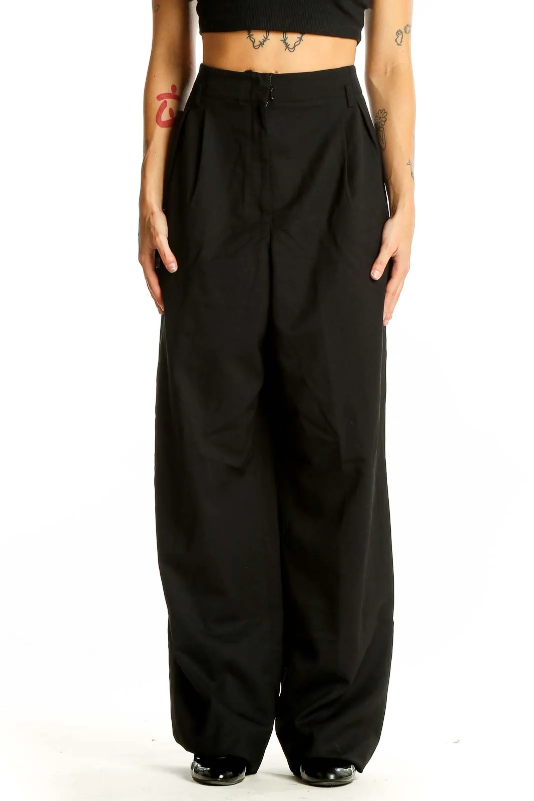 Black Wool Blend Wide-Leg Trousers