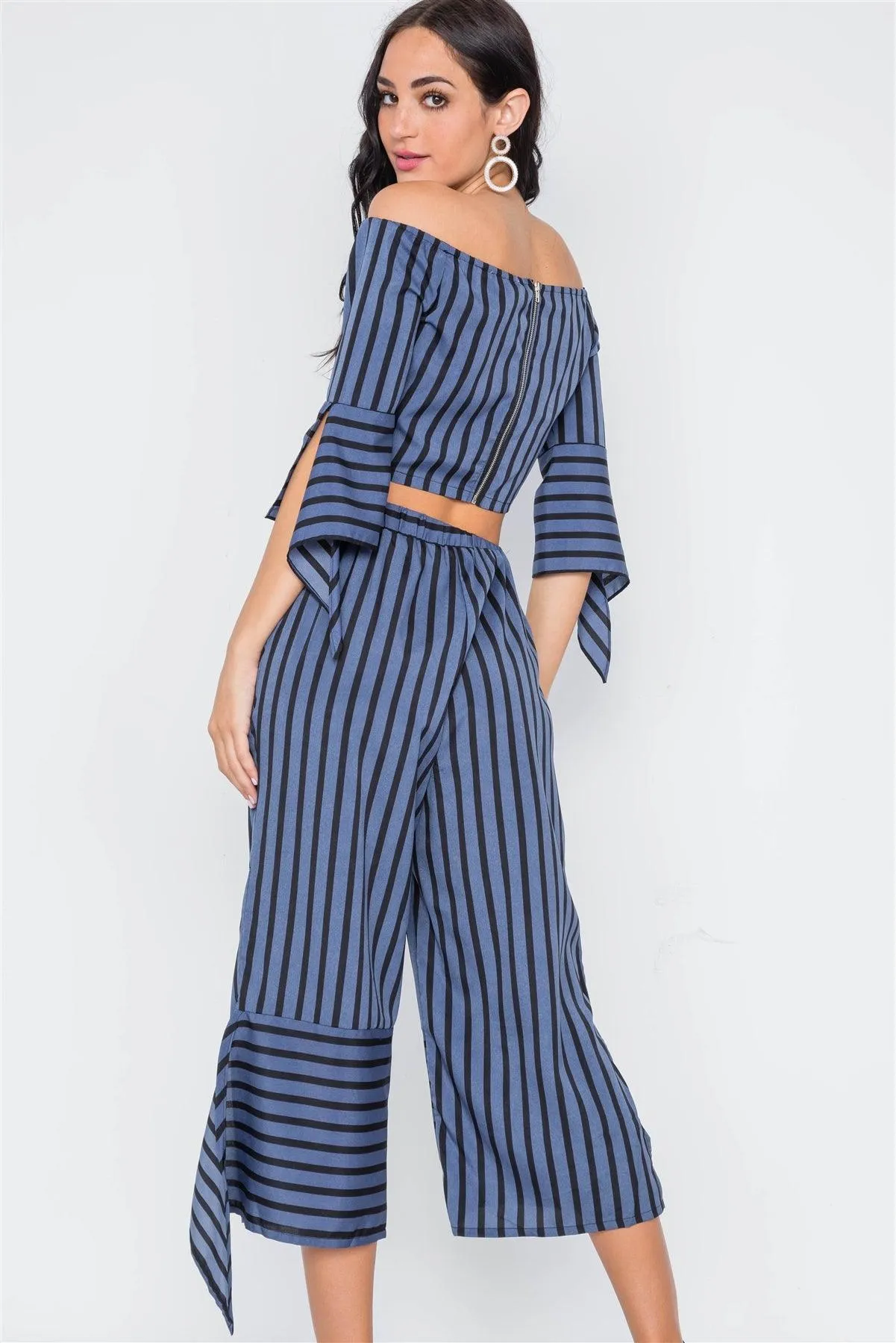 Blue Black Stripe Flounce Capri Pants