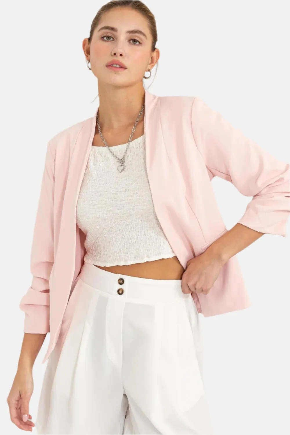 Blush Pink Open Front Ruched Sleeve Blazer