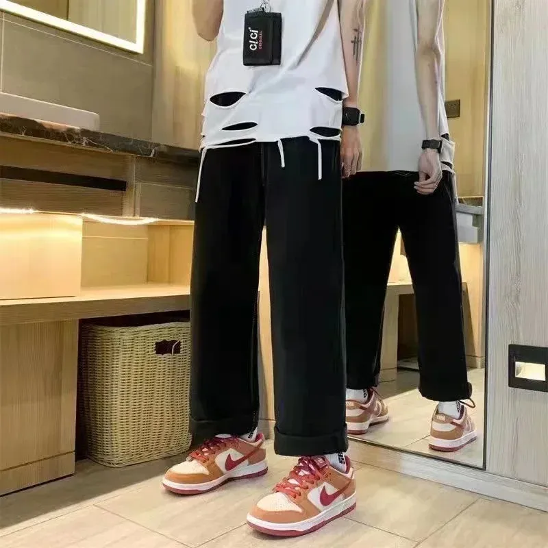 Bonnyshow -American Retro Jeans Y2K Big Pattern Trousers Loose Jeans Gothic High Waist Wide Pants Street Wear Trousers