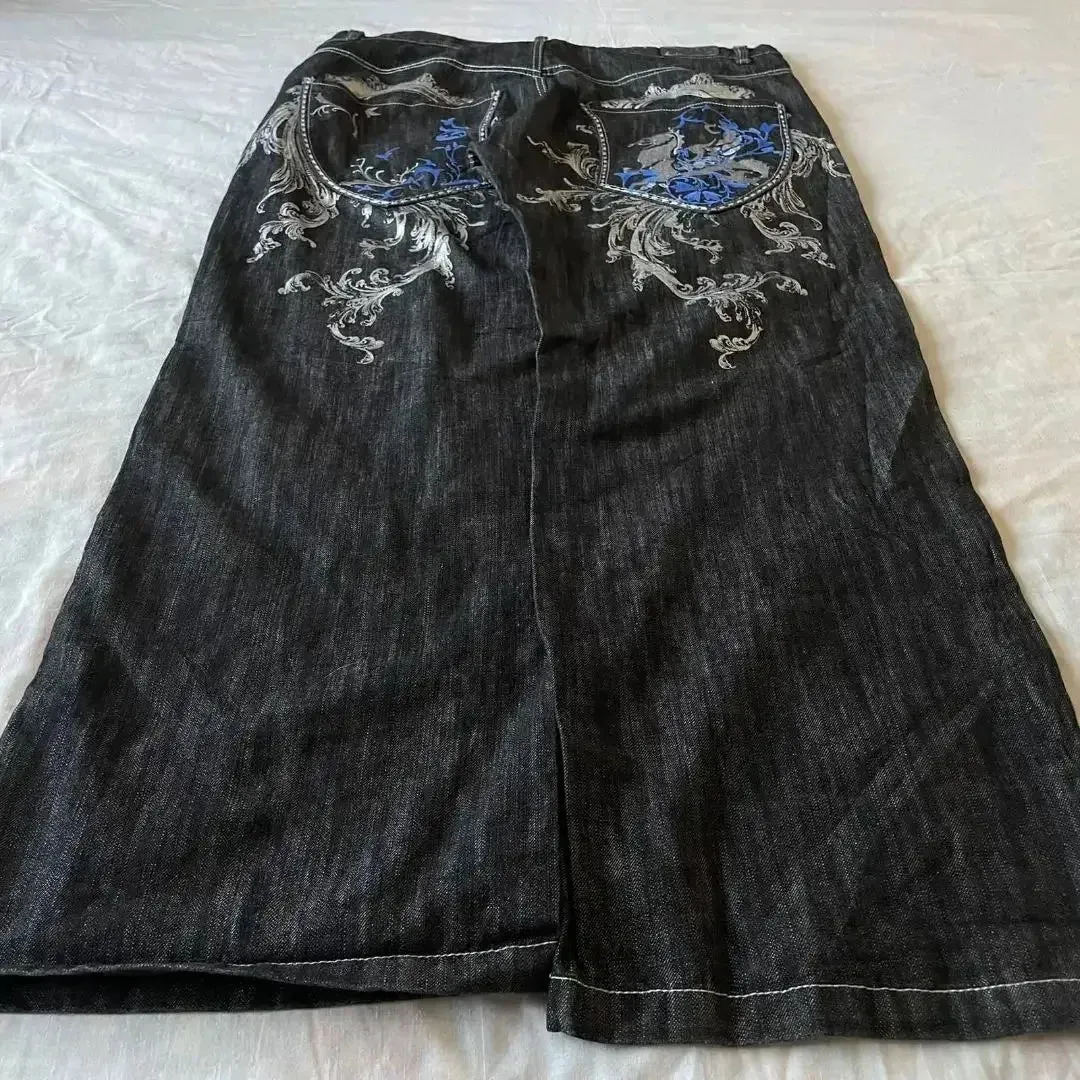 Bonnyshow -American Retro Jeans Y2K Big Pattern Trousers Loose Jeans Gothic High Waist Wide Pants Street Wear Trousers