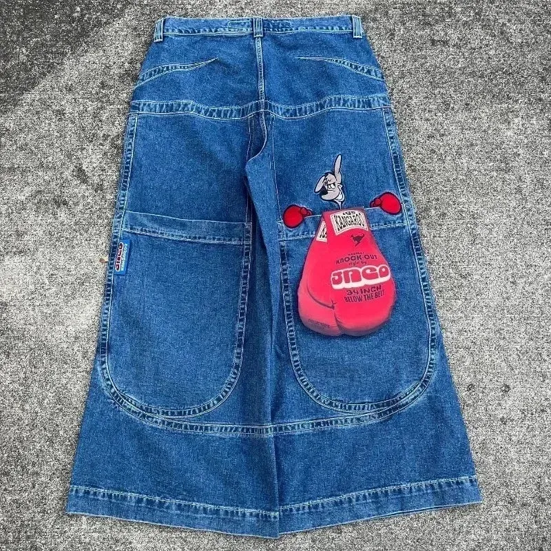 Bonnyshow -American Retro Jeans Y2K Big Pattern Trousers Loose Jeans Gothic High Waist Wide Pants Street Wear Trousers