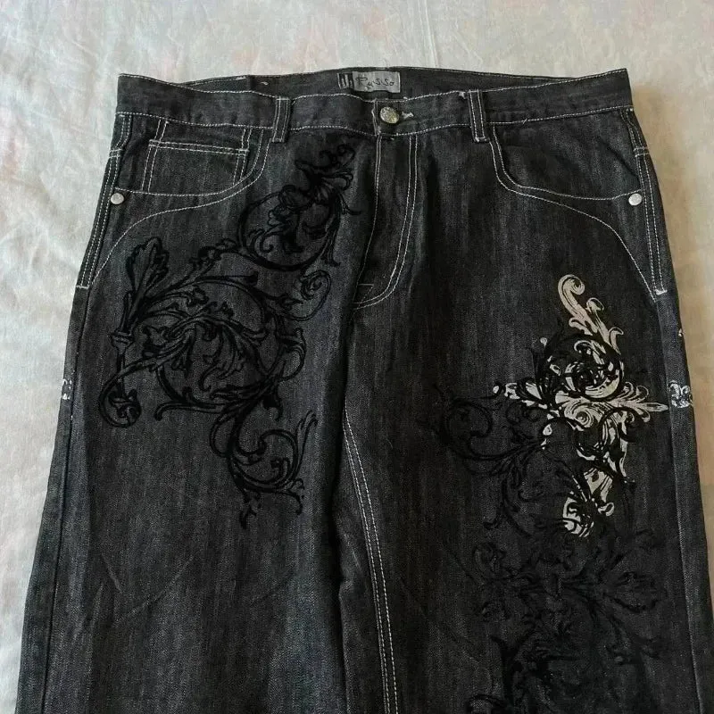 Bonnyshow -American Retro Jeans Y2K Big Pattern Trousers Loose Jeans Gothic High Waist Wide Pants Street Wear Trousers