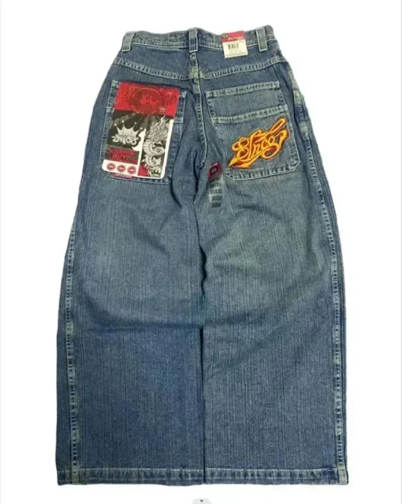 Bonnyshow -American Retro Jeans Y2K Big Pattern Trousers Loose Jeans Gothic High Waist Wide Pants Street Wear Trousers