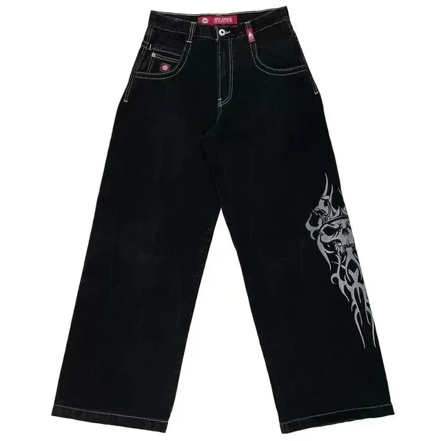 Bonnyshow -American Retro Jeans Y2K Big Pattern Trousers Loose Jeans Gothic High Waist Wide Pants Street Wear Trousers