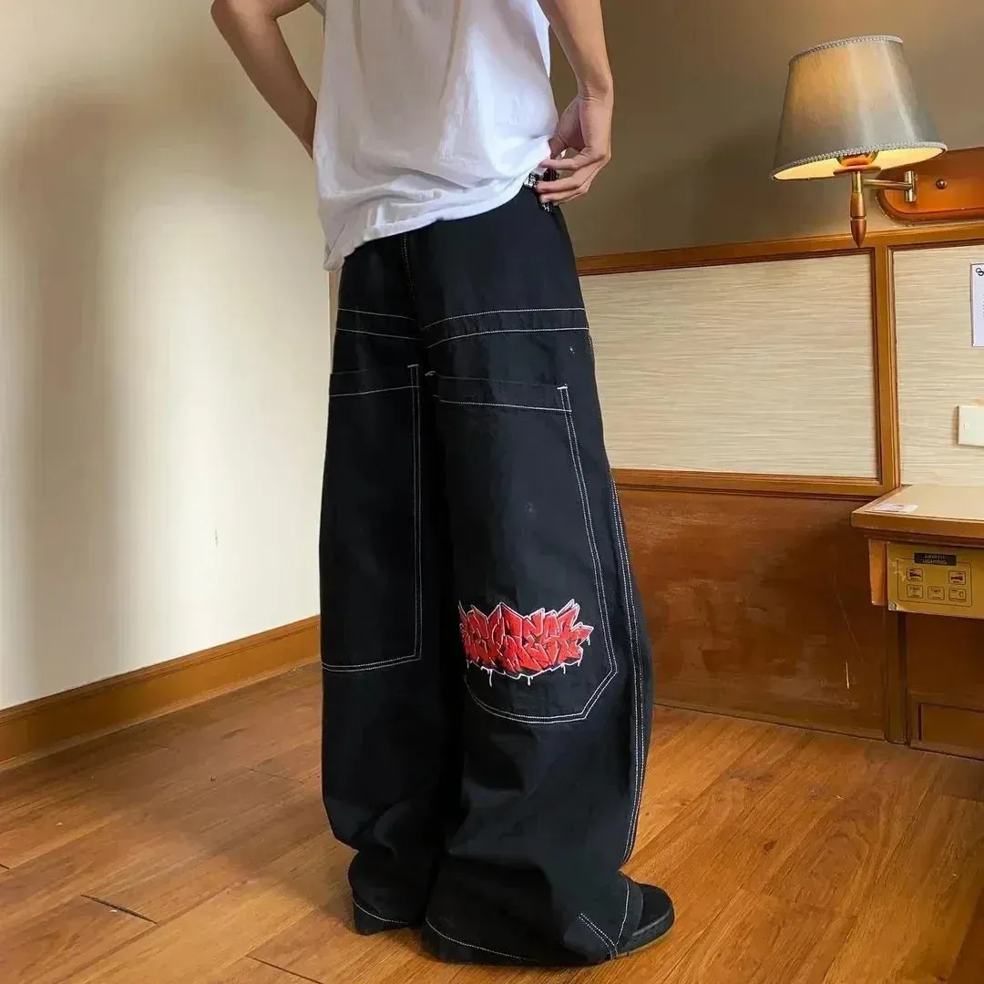 Bonnyshow -American Retro Jeans Y2K Big Pattern Trousers Loose Jeans Gothic High Waist Wide Pants Street Wear Trousers