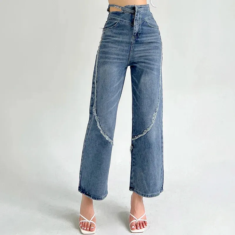 Bonnyshow American Split Jeans Women Pink Bandage High Waist Irregular Spliced Denim Pants Zipper Fly Trousers Y2k Pantalon Femme