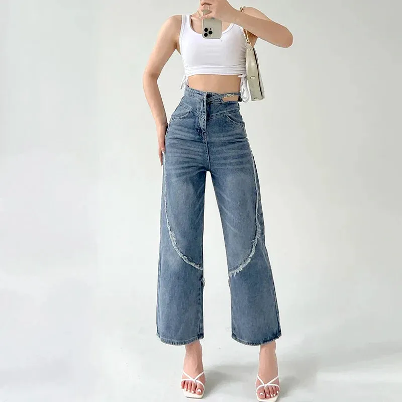 Bonnyshow American Split Jeans Women Pink Bandage High Waist Irregular Spliced Denim Pants Zipper Fly Trousers Y2k Pantalon Femme