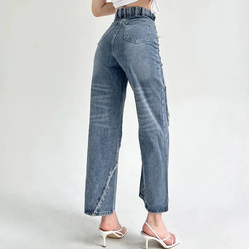 Bonnyshow American Split Jeans Women Pink Bandage High Waist Irregular Spliced Denim Pants Zipper Fly Trousers Y2k Pantalon Femme