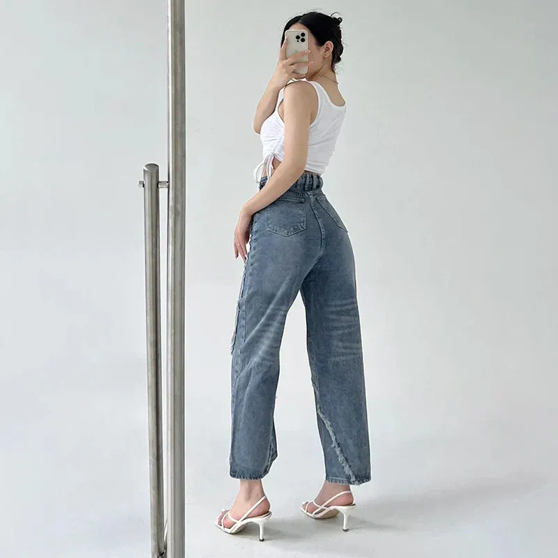 Bonnyshow American Split Jeans Women Pink Bandage High Waist Irregular Spliced Denim Pants Zipper Fly Trousers Y2k Pantalon Femme