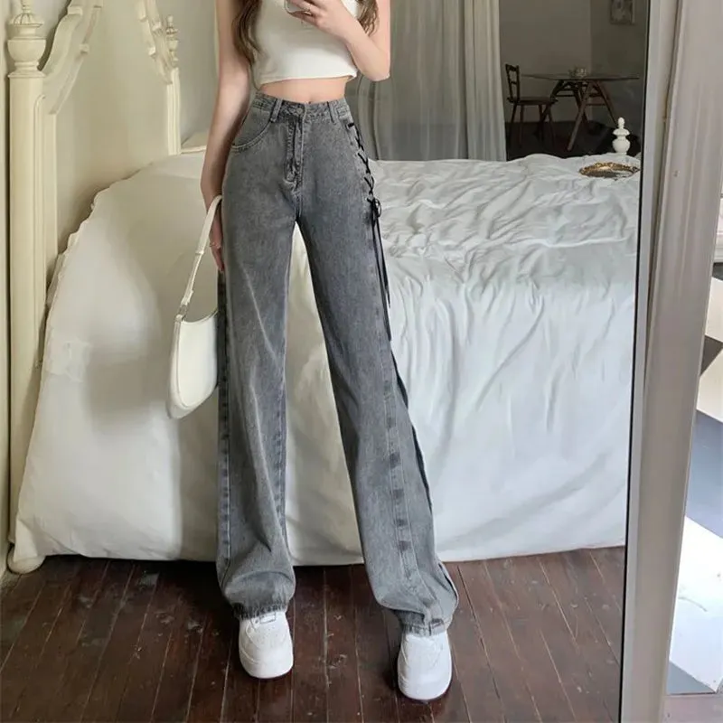 Bonnyshow Black Gray Lace Up Design Jeans Women Vintage High Waist Straight Denim Pants Female Autumn Winter New Chic Wide Leg Trousers