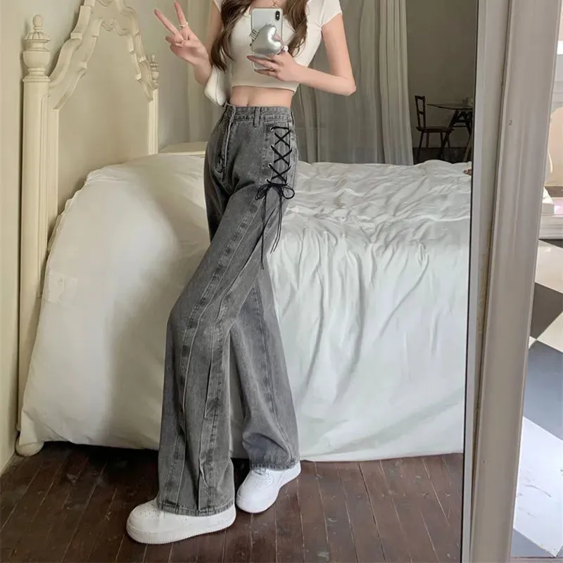 Bonnyshow Black Gray Lace Up Design Jeans Women Vintage High Waist Straight Denim Pants Female Autumn Winter New Chic Wide Leg Trousers