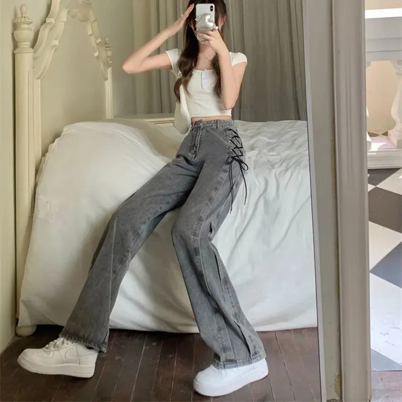 Bonnyshow Black Gray Lace Up Design Jeans Women Vintage High Waist Straight Denim Pants Female Autumn Winter New Chic Wide Leg Trousers