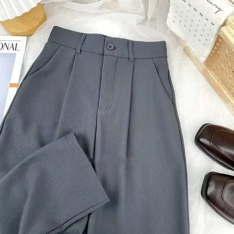 Bonnyshow Fall Spring Black Suit Haren Pants Women Fashion Elastic High Waist Casual Trousers Woman Korean Style Solid Office Pant