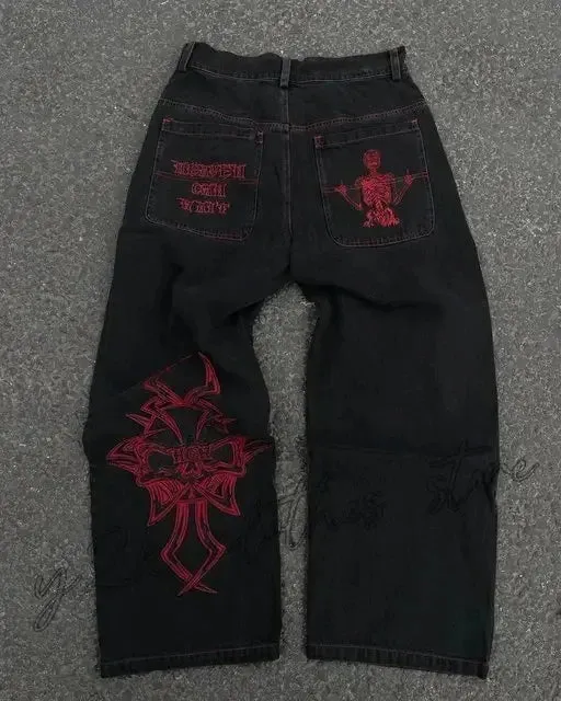 Bonnyshow Jeans New Harajuku Hip Hop Retro Skull Graphic Embroidered Baggy Jeans Denim Pants Men Women Goth High Waist Wide Trousers