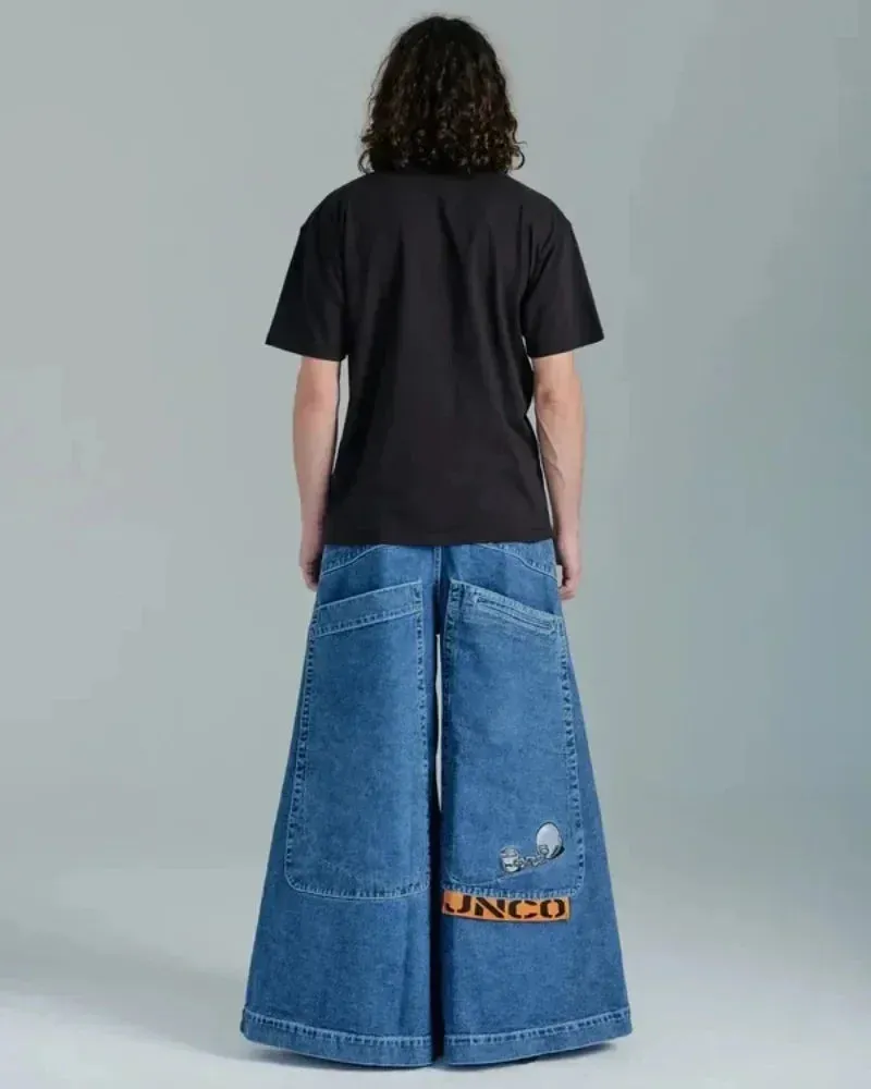 Bonnyshow Jeans New Harajuku Hip Hop Retro Skull Graphic Embroidered Baggy Jeans Denim Pants Men Women Goth High Waist Wide Trousers