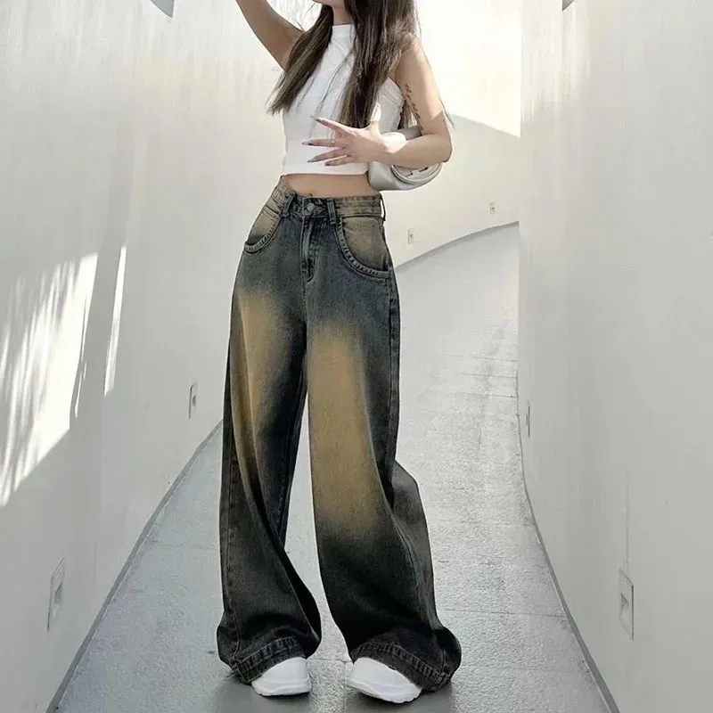 Bonnyshow Korean Fashion High Waist Denim Trousers Women Vintage Washed Do Old Loose Wide Leg Jeans Female Baggy Y2K Cowboy Pants