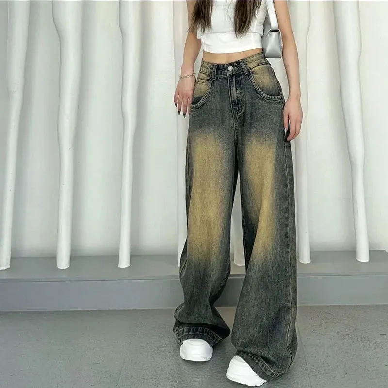 Bonnyshow Korean Fashion High Waist Denim Trousers Women Vintage Washed Do Old Loose Wide Leg Jeans Female Baggy Y2K Cowboy Pants