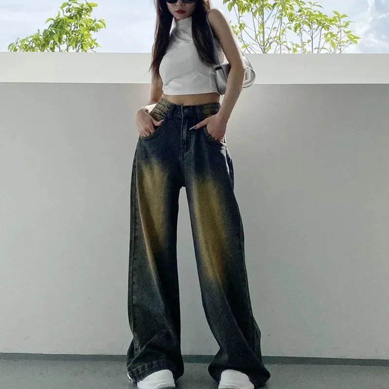 Bonnyshow Korean Fashion High Waist Denim Trousers Women Vintage Washed Do Old Loose Wide Leg Jeans Female Baggy Y2K Cowboy Pants