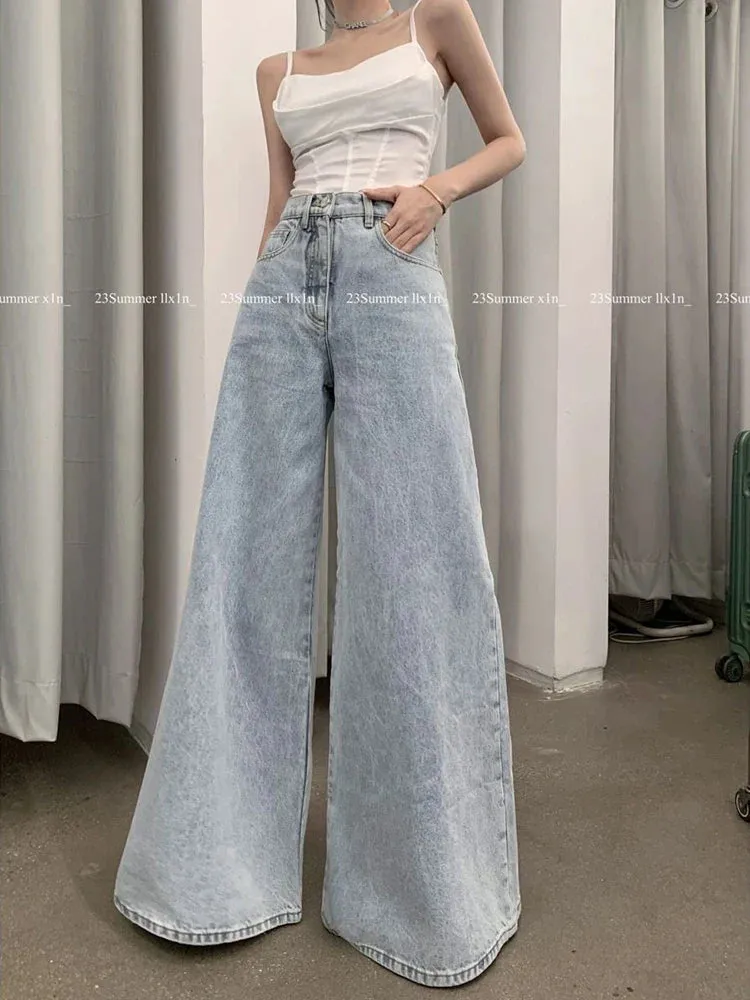 Bonnyshow Loose Women Jeans High Waist Korean Causal Ladies Wide Leg Denim Pants Fashion Simple Female Baggy Trousers