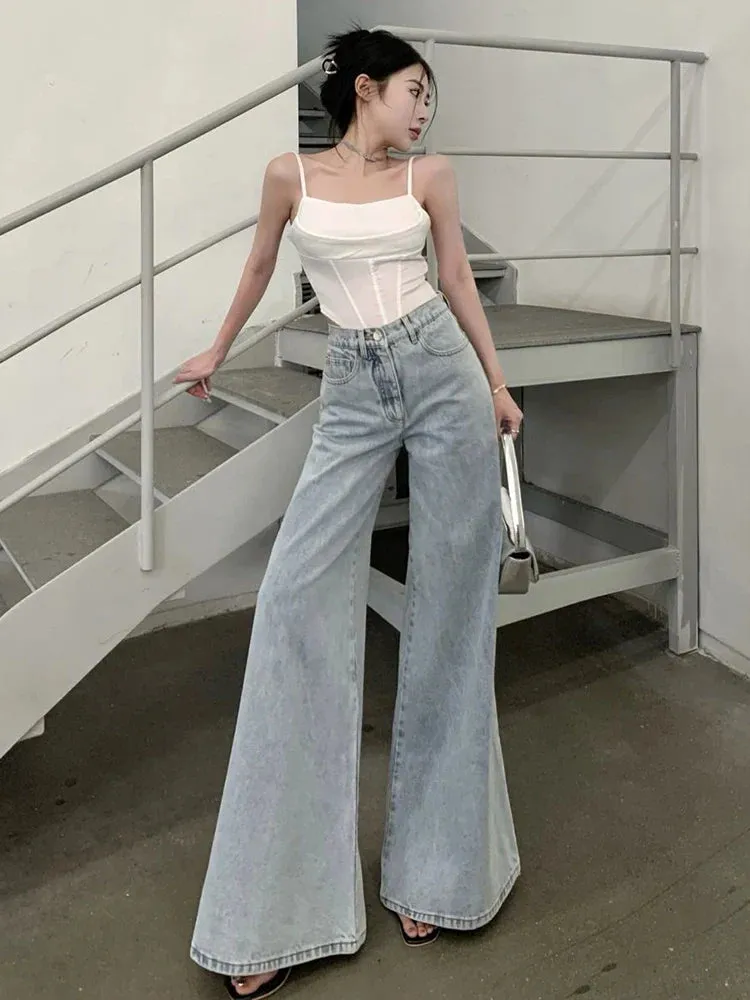 Bonnyshow Loose Women Jeans High Waist Korean Causal Ladies Wide Leg Denim Pants Fashion Simple Female Baggy Trousers