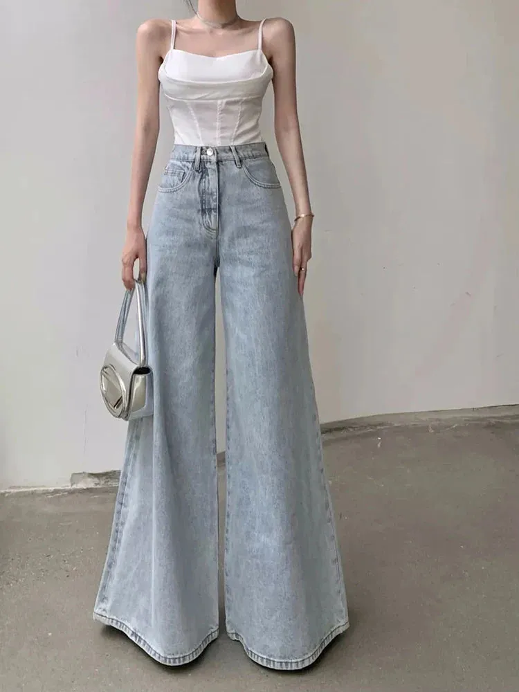 Bonnyshow Loose Women Jeans High Waist Korean Causal Ladies Wide Leg Denim Pants Fashion Simple Female Baggy Trousers