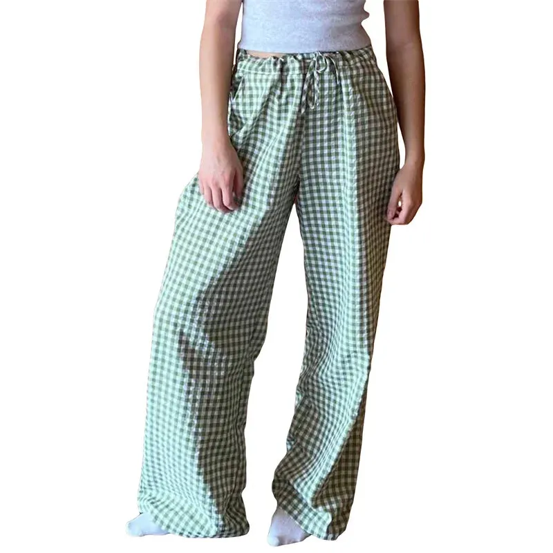 Bonnyshow Lounge Pants y2k Clothes Women Plaid Print Drawstring High Waist Loose Trousers with Pockets 2000s Clothing Streetwear