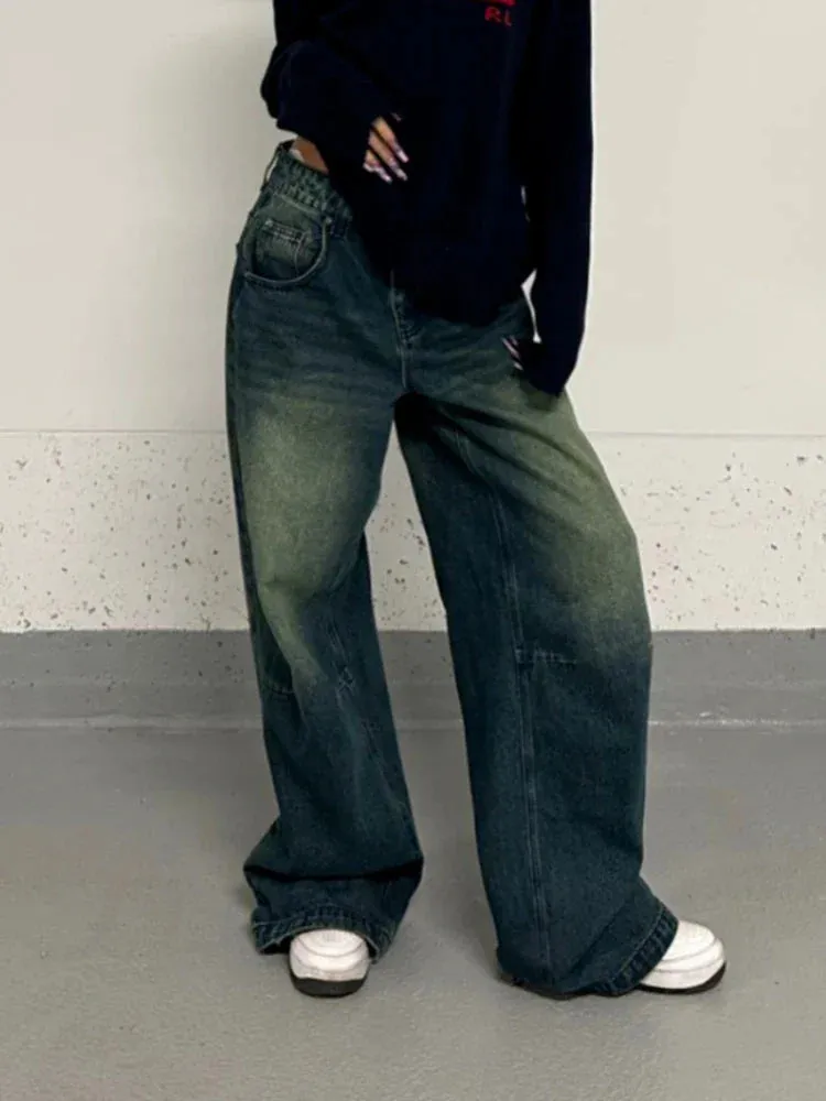Bonnyshow Vintage Baggy Jeans Wide Women Grunge Oversized American Retro High Waist Denim Trousers Female Streetwear Cowboy Pants